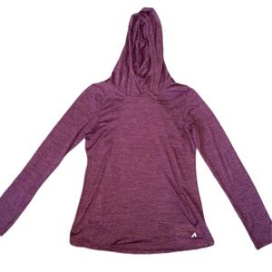 Purple athletic pullover hoodie with thumb holes and pockets